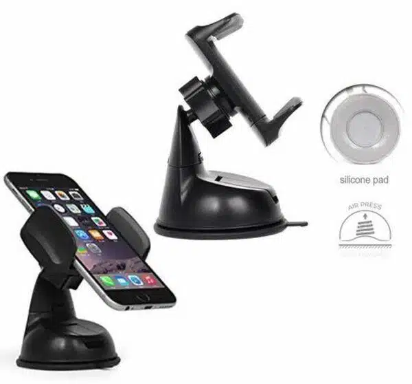 Car phone mount with a sleek black design.