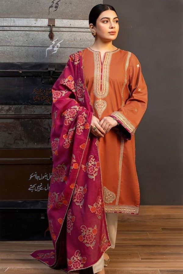 Stunning Orange Embroidered Suit Set for Women