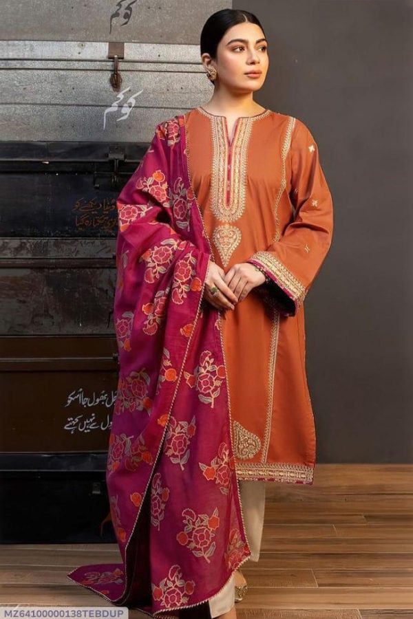 Stunning Orange Embroidered Suit Set - 3 Pcs Ensemble