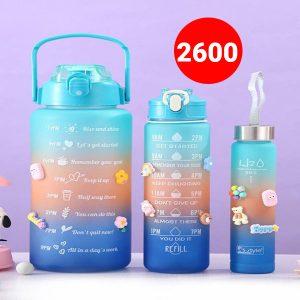 Sports Water Bottles 3 Pcs Set With Motivational Time Marker & Leak Proof Flip Top Lid (Random Color)