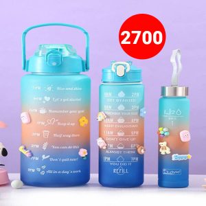 Sports Water Bottles 3 Pcs Set With Motivational Time Marker & Leak Proof Flip Top Lid (Random Color)