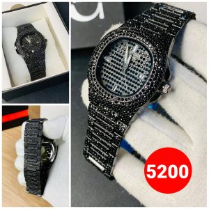Black Stone / Blacked Iced Out Stain-less Steel Chain Watch For Men's Fashion (Black Color With Box)