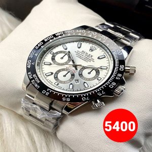 Rolex Daytona Rotating Bezel Quartz Machine | Quartz Chronograph Movement Silver Stainless Steel Strap Watch With Master Lock For Men (With Normal Box)